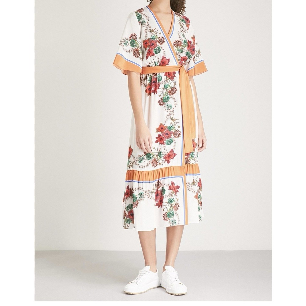 Ladies Sandro 100% Silk Floral Wrap Dress Kimono Midi Size Eu 36 UK 8 - Picture 15 of 16